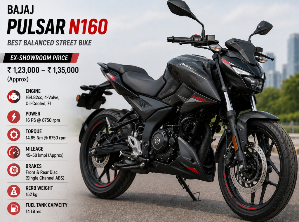 Bajaj Pulsar N160 – Best Balanced Street Bike